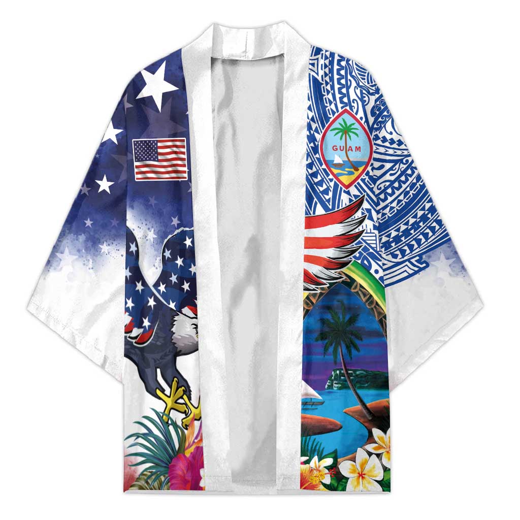 Guam and United States Together Kimono Bald Eagle and Guam Seal with Flower and Tribal Tattoos - Polynesian Pride
