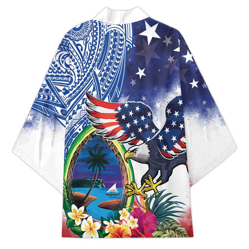 Guam and United States Together Kimono Bald Eagle and Guam Seal with Flower and Tribal Tattoos - Polynesian Pride