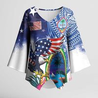 Guam and United States Together Kimono Sleeve Blouse Bald Eagle and Guam Seal with Flower and Tribal Tattoos - Polynesian Pride