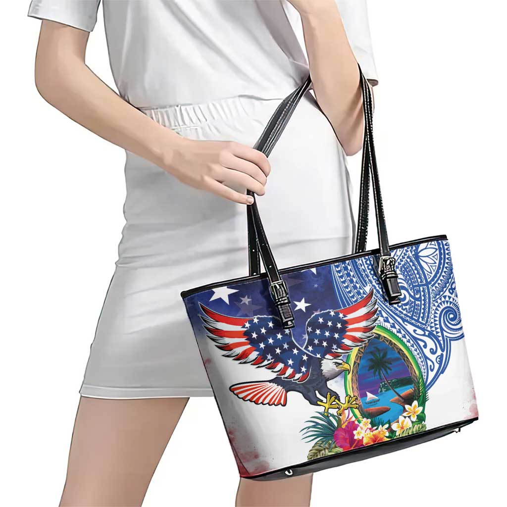 Guam and United States Together Leather Tote Bag Bald Eagle and Guam Seal with Flower and Tribal Tattoos - Polynesian Pride