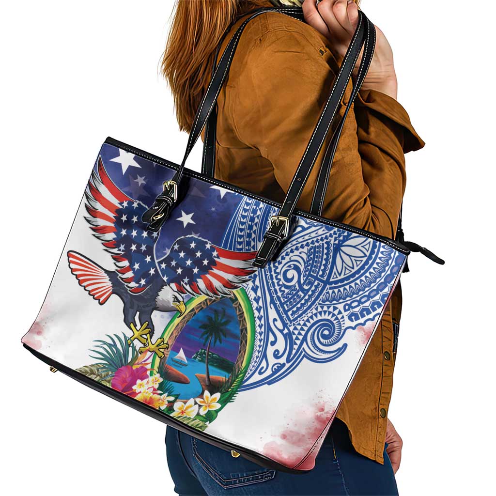 Guam and United States Together Leather Tote Bag Bald Eagle and Guam Seal with Flower and Tribal Tattoos - Polynesian Pride