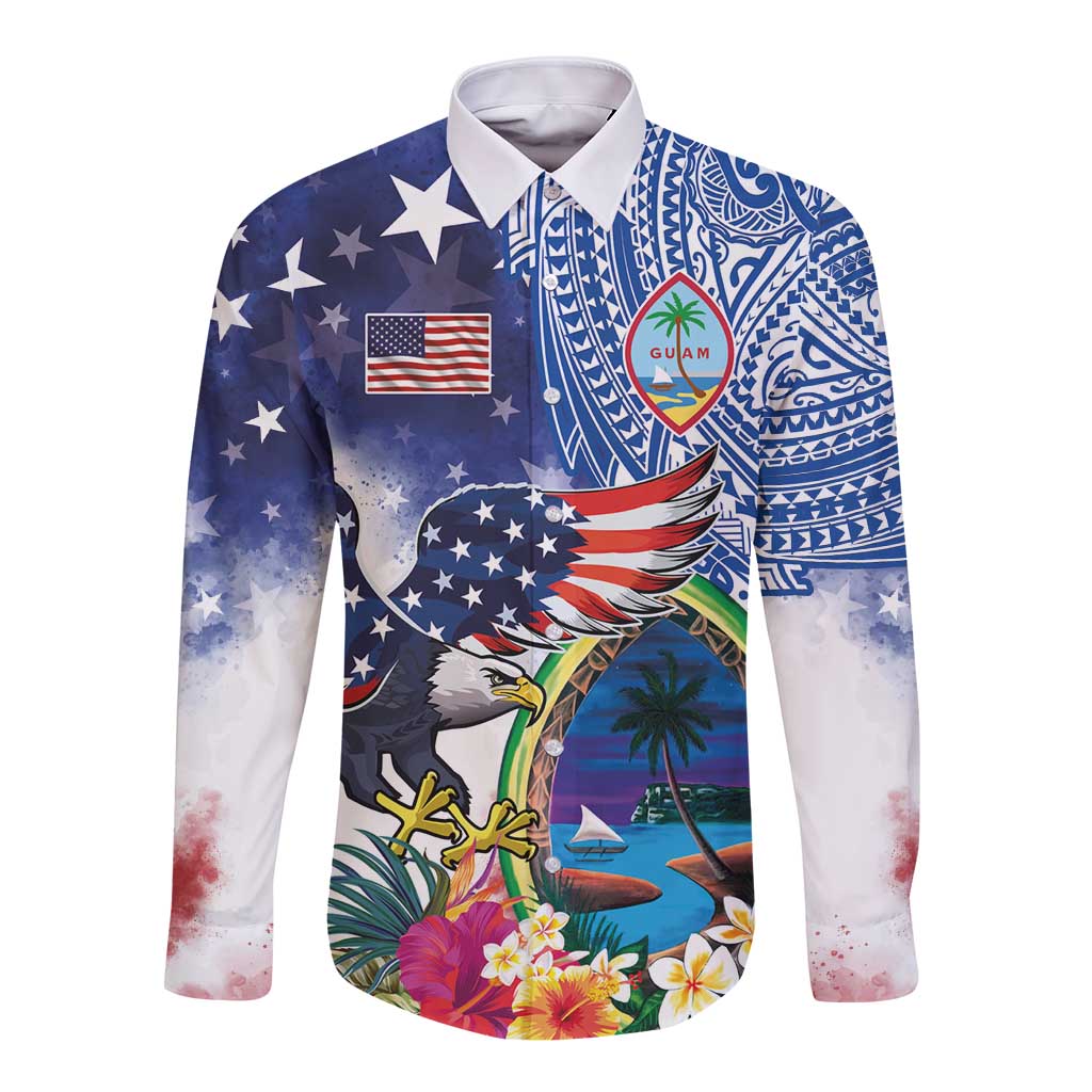 Guam and United States Together Long Sleeve Button Shirt Bald Eagle and Guam Seal with Flower and Tribal Tattoos - Polynesian Pride