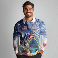 Guam and United States Together Long Sleeve Polo Shirt Bald Eagle and Guam Seal with Flower and Tribal Tattoos - Polynesian Pride