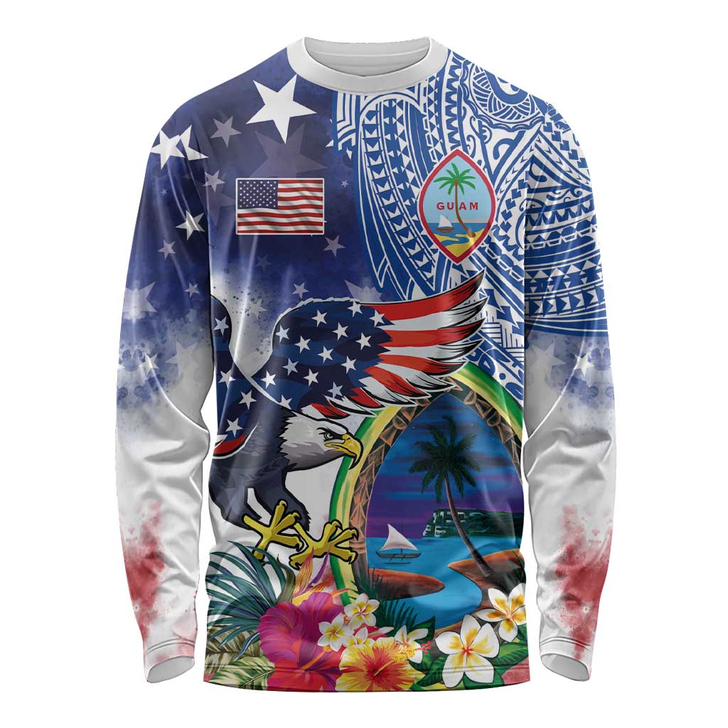 Guam and United States Together Long Sleeve Shirt Bald Eagle and Guam Seal with Flower and Tribal Tattoos - Polynesian Pride