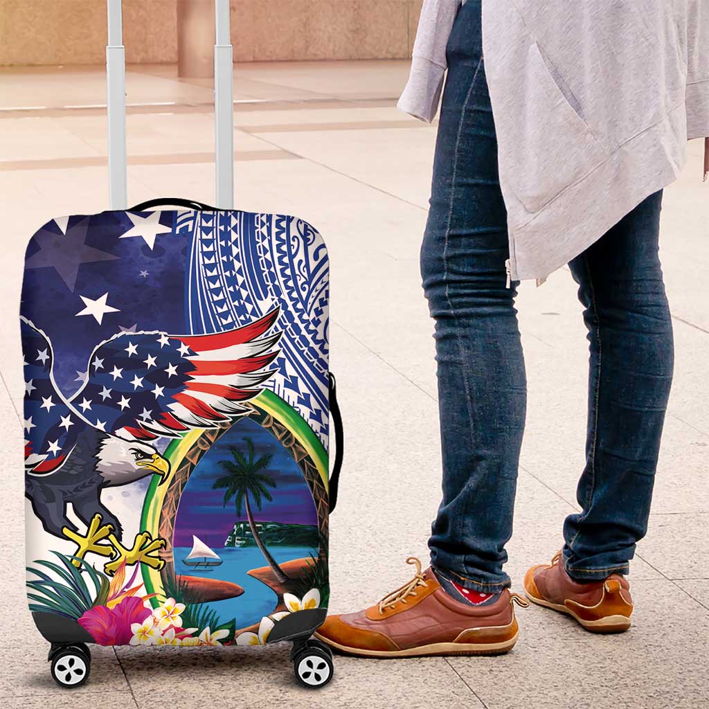 Guam and United States Together Luggage Cover Bald Eagle and Guam Seal with Flower and Tribal Tattoos - Polynesian Pride