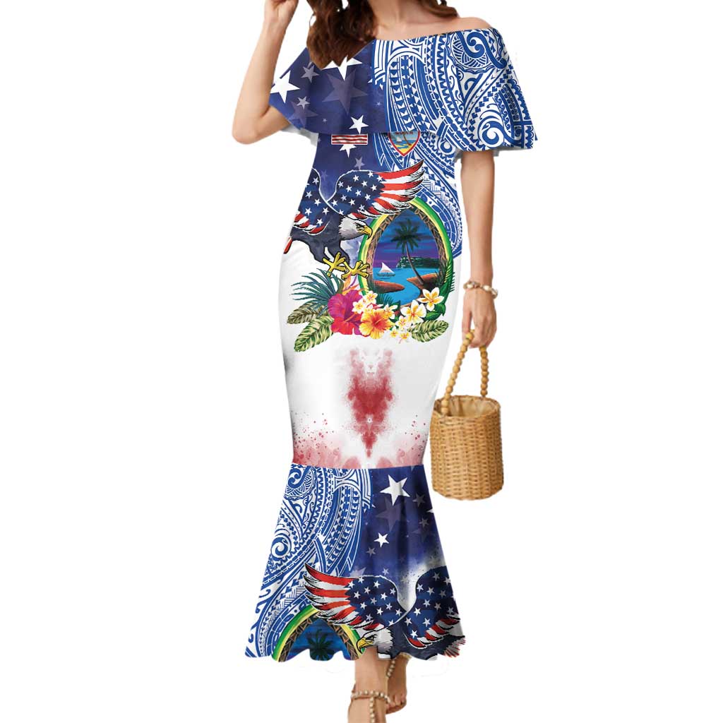 Guam and United States Together Mermaid Dress Bald Eagle and Guam Seal with Flower and Tribal Tattoos - Polynesian Pride