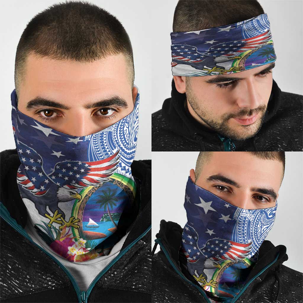 Guam and United States Together Neck Gaiter Bald Eagle and Guam Seal with Flower and Tribal Tattoos - Polynesian Pride
