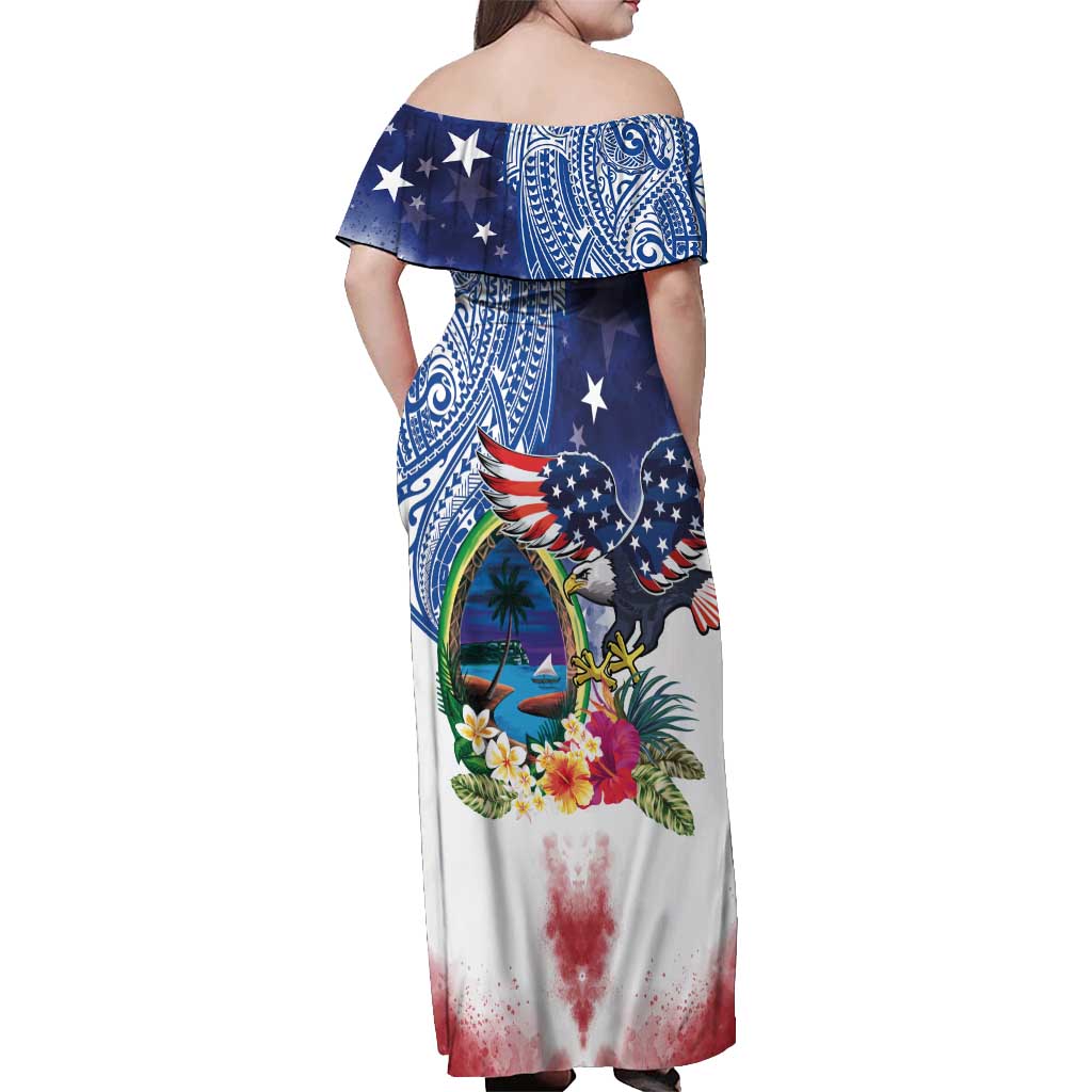 Guam and United States Together Off Shoulder Maxi Dress Bald Eagle and Guam Seal with Flower and Tribal Tattoos - Polynesian Pride