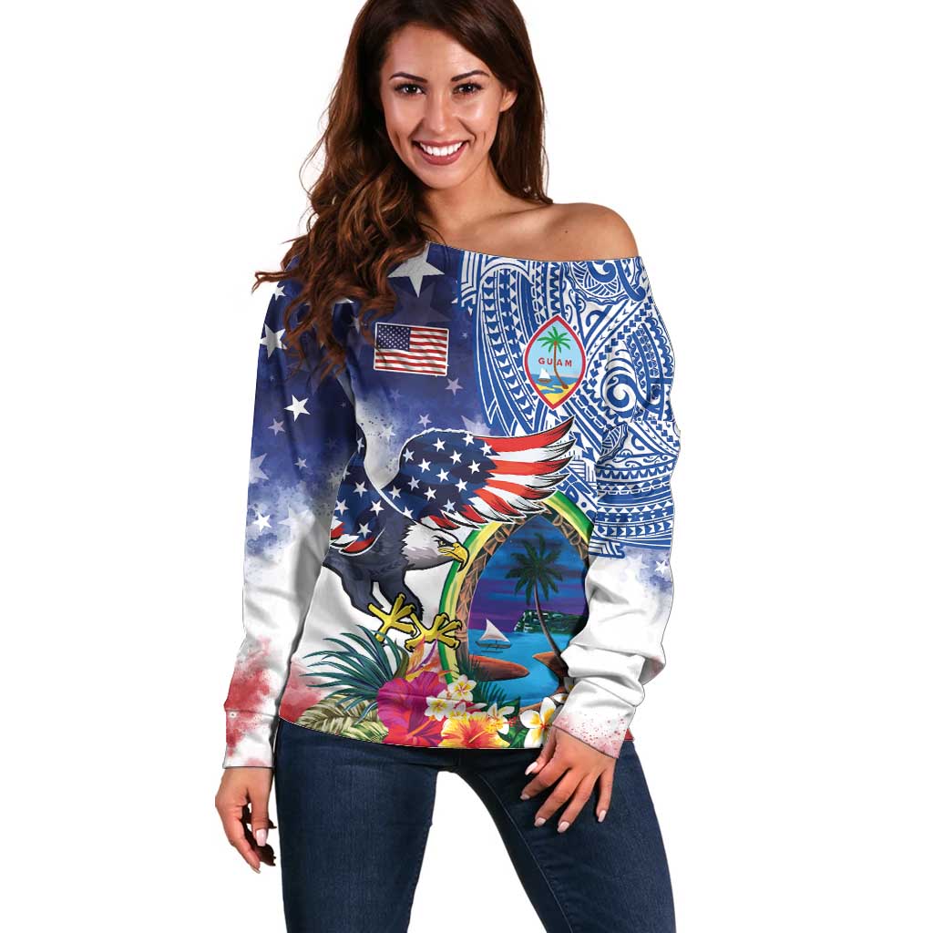 Guam and United States Together Off Shoulder Sweater Bald Eagle and Guam Seal with Flower and Tribal Tattoos - Polynesian Pride