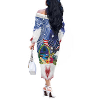 Guam and United States Together Off The Shoulder Long Sleeve Dress Bald Eagle and Guam Seal with Flower and Tribal Tattoos - Polynesian Pride