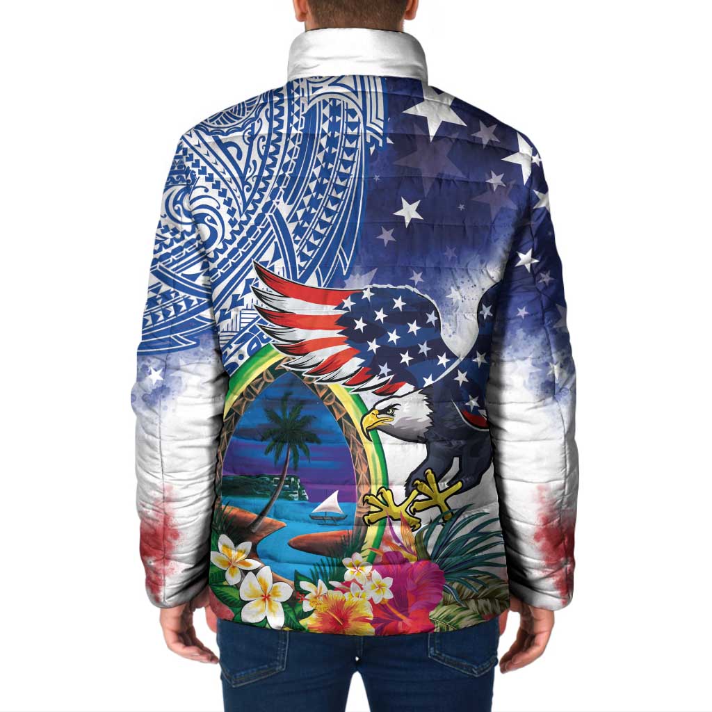 Guam and United States Together Padded Jacket Bald Eagle and Guam Seal with Flower and Tribal Tattoos - Polynesian Pride