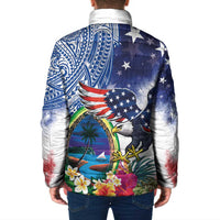 Guam and United States Together Padded Jacket Bald Eagle and Guam Seal with Flower and Tribal Tattoos - Polynesian Pride