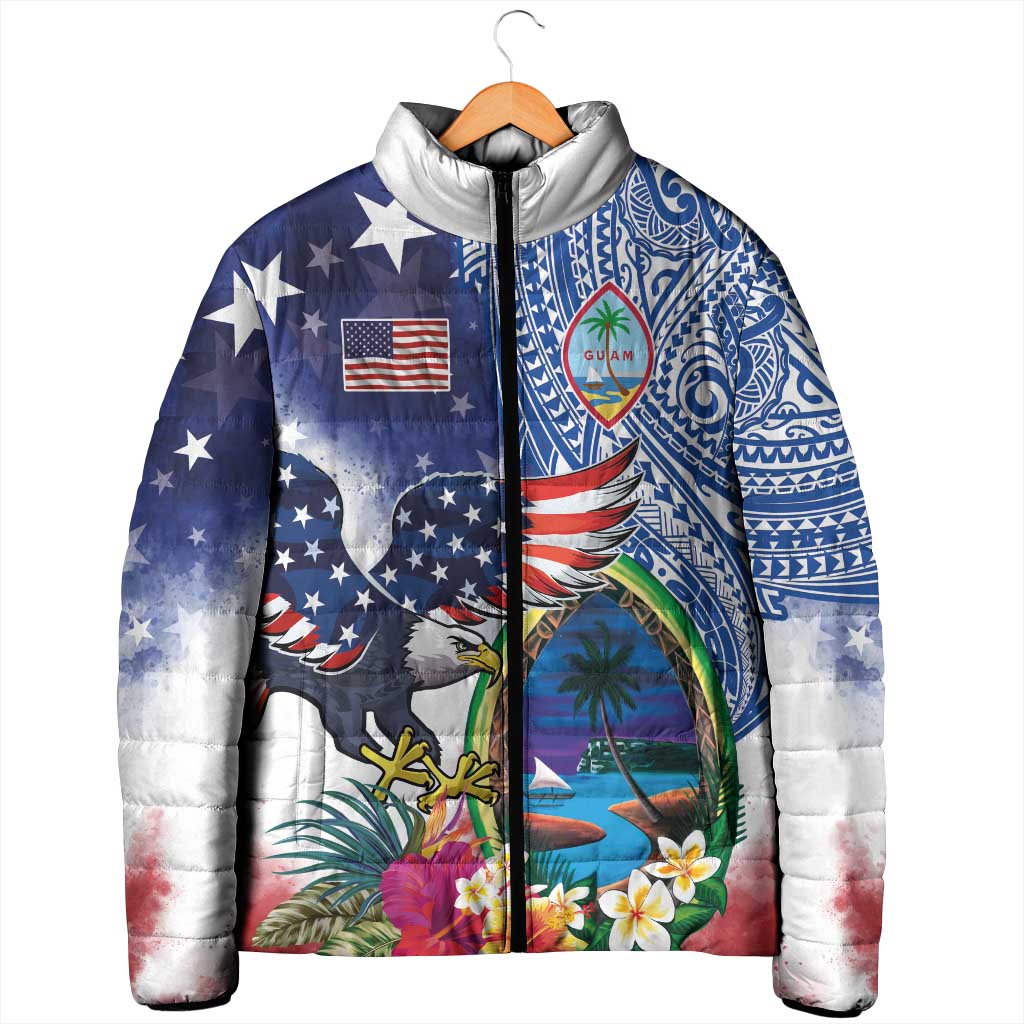 Guam and United States Together Padded Jacket Bald Eagle and Guam Seal with Flower and Tribal Tattoos - Polynesian Pride