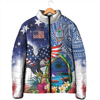 Guam and United States Together Padded Jacket Bald Eagle and Guam Seal with Flower and Tribal Tattoos - Polynesian Pride