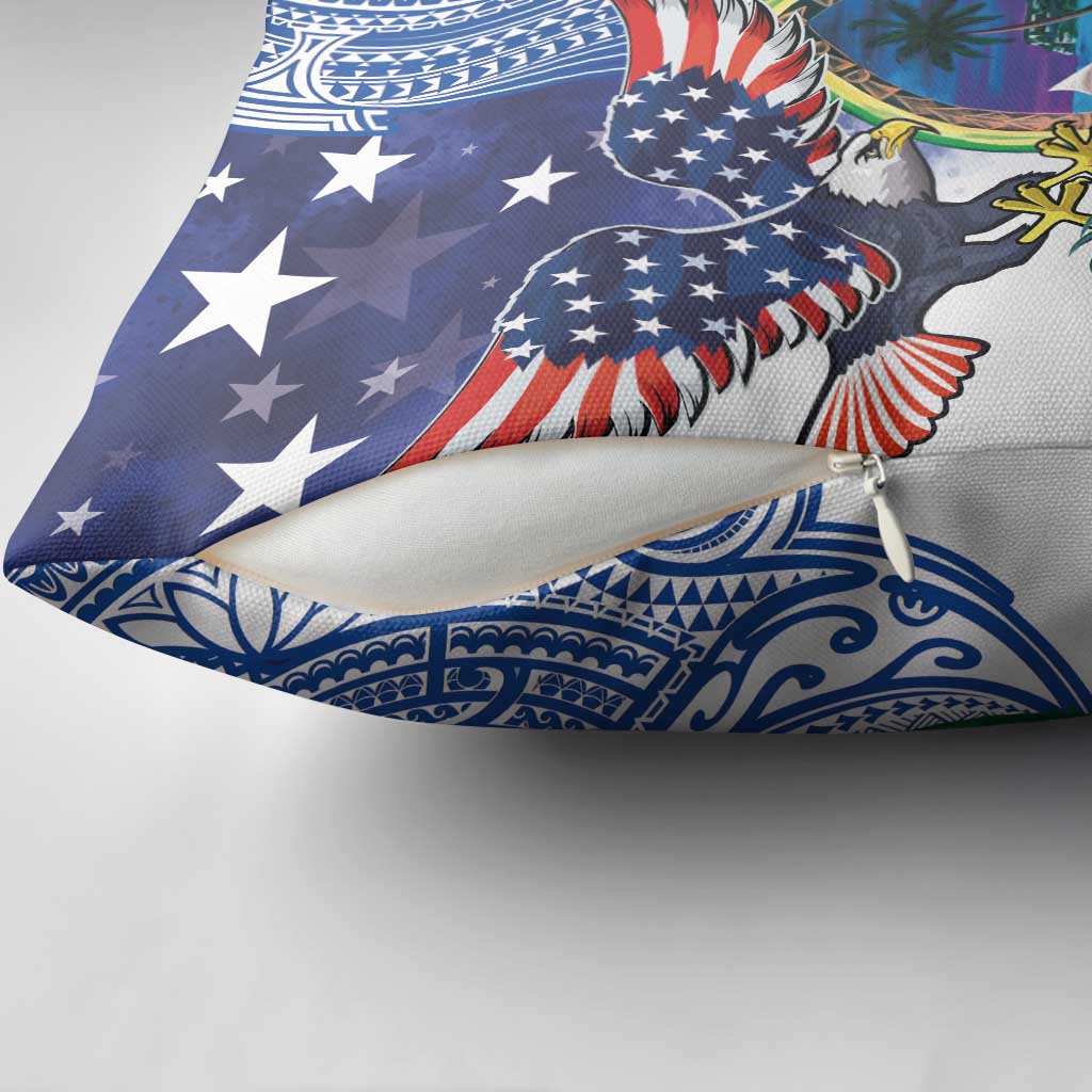 Guam and United States Together Pillow Cover Bald Eagle and Guam Seal with Flower and Tribal Tattoos - Polynesian Pride