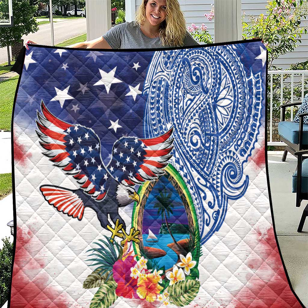 Guam and United States Together Quilt Bald Eagle and Guam Seal with Flower and Tribal Tattoos - Polynesian Pride
