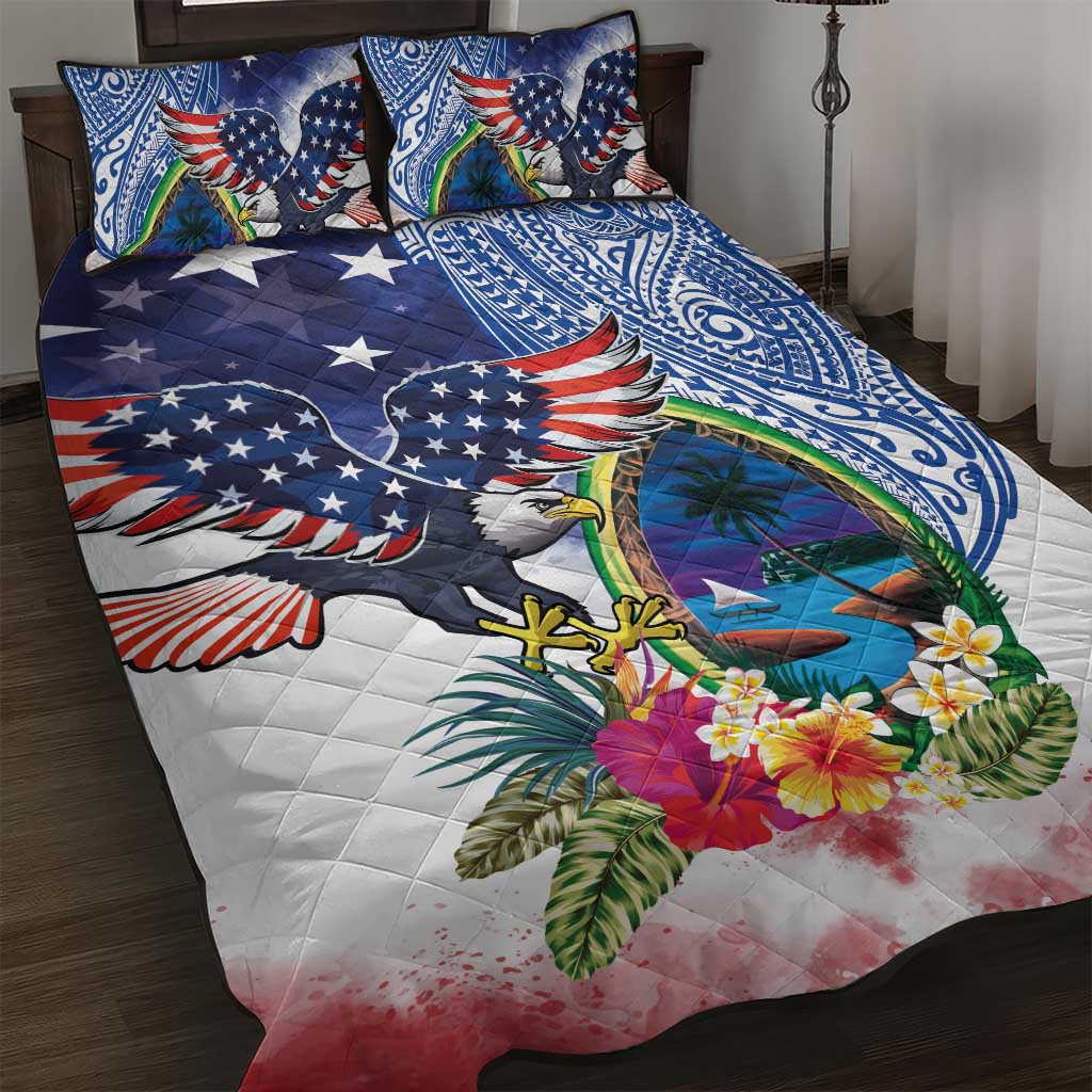 Guam and United States Together Quilt Bed Set Bald Eagle and Guam Seal with Flower and Tribal Tattoos - Polynesian Pride