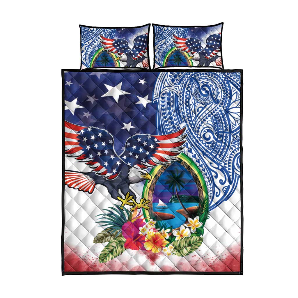 Guam and United States Together Quilt Bed Set Bald Eagle and Guam Seal with Flower and Tribal Tattoos - Polynesian Pride