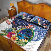 Guam and United States Together Quilt Bed Set Bald Eagle and Guam Seal with Flower and Tribal Tattoos - Polynesian Pride