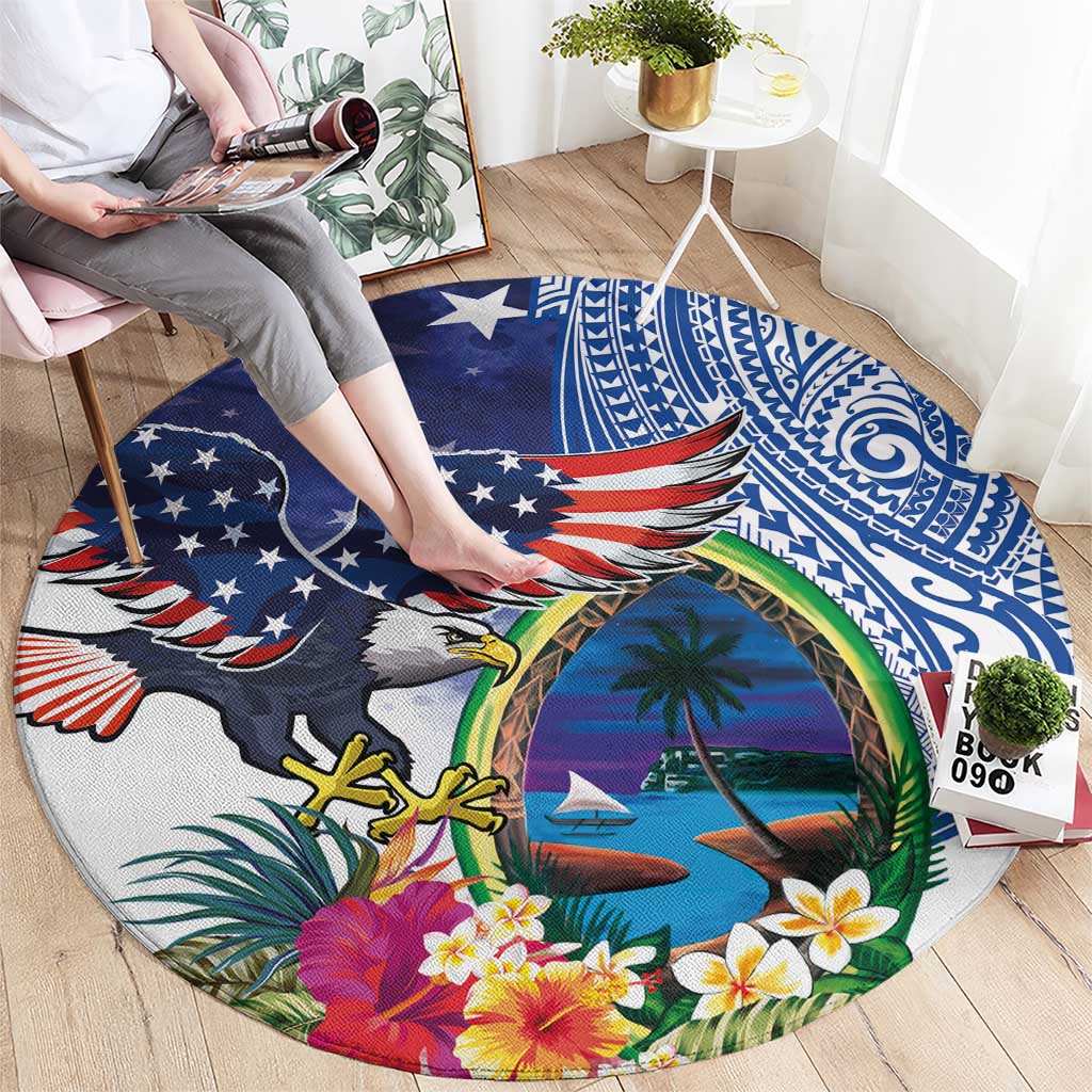 Guam and United States Together Round Carpet Bald Eagle and Guam Seal with Flower and Tribal Tattoos - Polynesian Pride