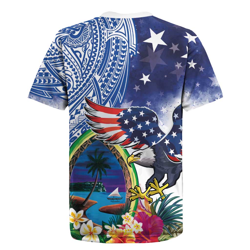 Guam and United States Together Rugby Jersey Bald Eagle and Guam Seal with Flower and Tribal Tattoos - Polynesian Pride