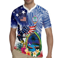 Guam and United States Together Rugby Jersey Bald Eagle and Guam Seal with Flower and Tribal Tattoos - Polynesian Pride