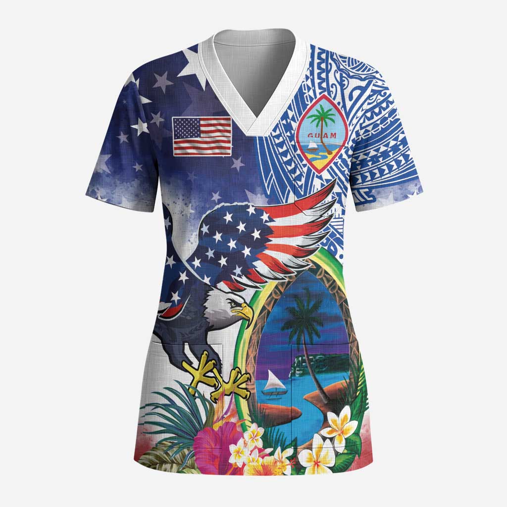 Guam and United States Together Scrub Top Bald Eagle and Guam Seal with Flower and Tribal Tattoos - Polynesian Pride