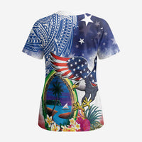 Guam and United States Together Scrub Top Bald Eagle and Guam Seal with Flower and Tribal Tattoos - Polynesian Pride