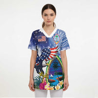 Guam and United States Together Scrub Top Bald Eagle and Guam Seal with Flower and Tribal Tattoos - Polynesian Pride