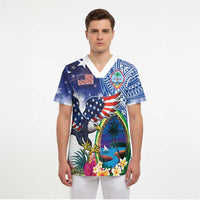 Guam and United States Together Scrub Top Bald Eagle and Guam Seal with Flower and Tribal Tattoos - Polynesian Pride