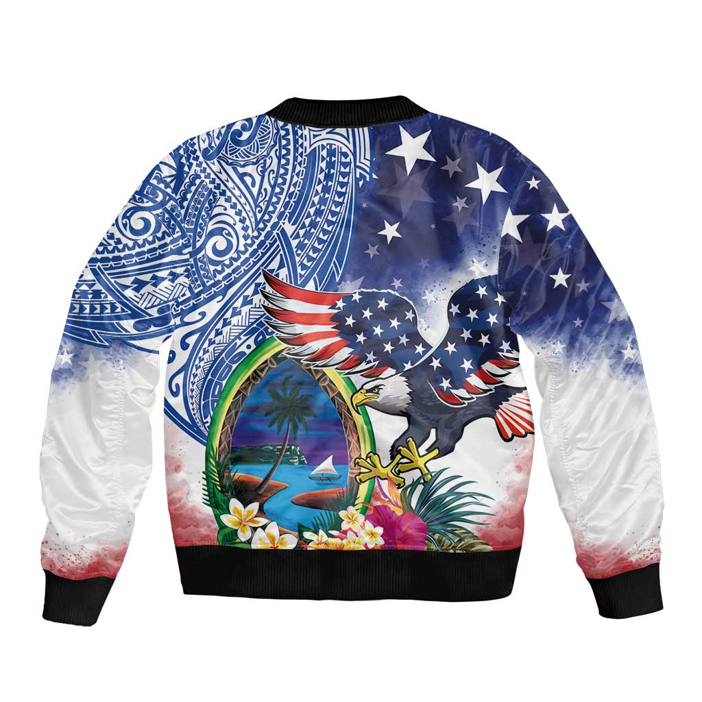 Guam and United States Together Sleeve Zip Bomber Jacket Bald Eagle and Guam Seal with Flower and Tribal Tattoos - Polynesian Pride
