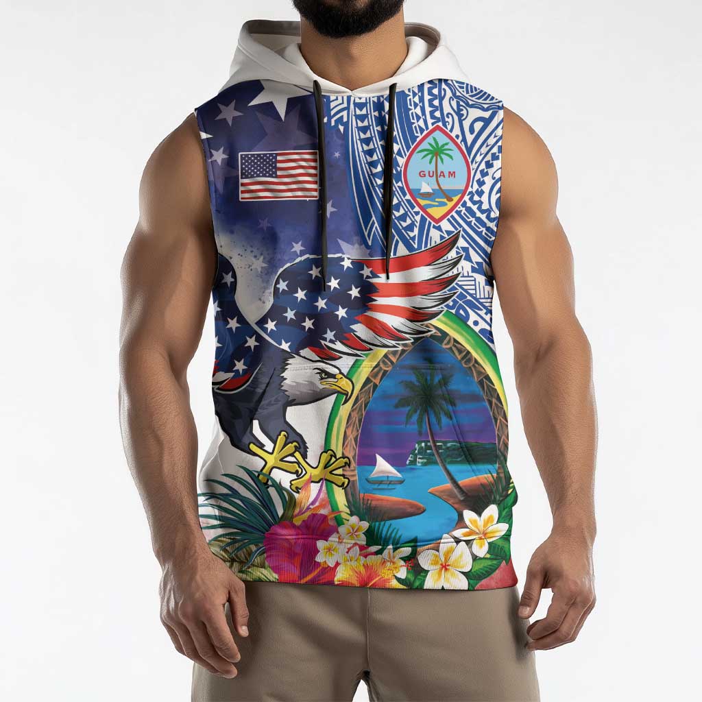 Guam and United States Together Sleeveless Hoodie Bald Eagle and Guam Seal with Flower and Tribal Tattoos - Polynesian Pride