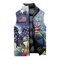 Guam and United States Together Sleeveless Puffer Jacket Bald Eagle and Guam Seal with Flower and Tribal Tattoos - Polynesian Pride