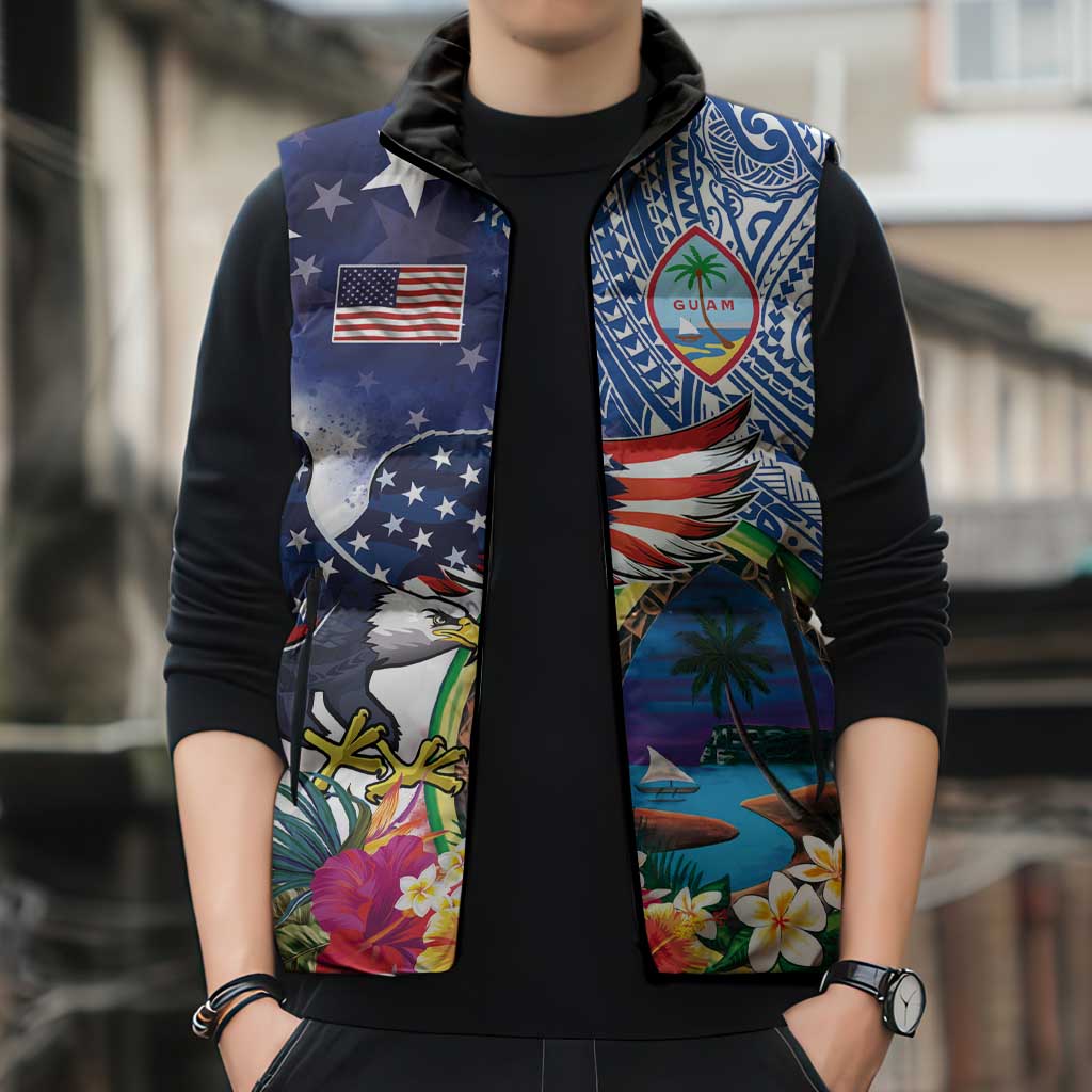 Guam and United States Together Sleeveless Puffer Jacket Bald Eagle and Guam Seal with Flower and Tribal Tattoos - Polynesian Pride