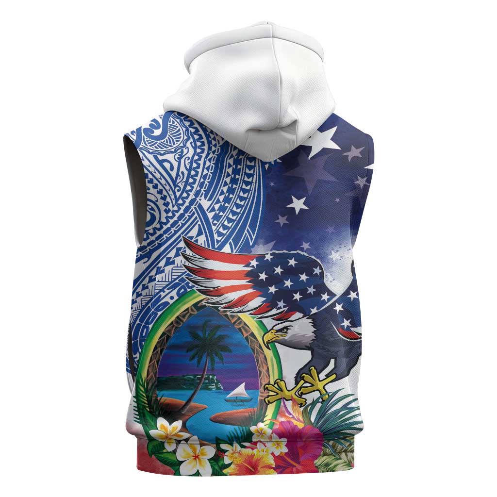 Guam and United States Together Sleeveless Zip Hoodie Bald Eagle and Guam Seal with Flower and Tribal Tattoos - Polynesian Pride