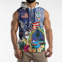 Guam and United States Together Sleeveless Zip Hoodie Bald Eagle and Guam Seal with Flower and Tribal Tattoos - Polynesian Pride