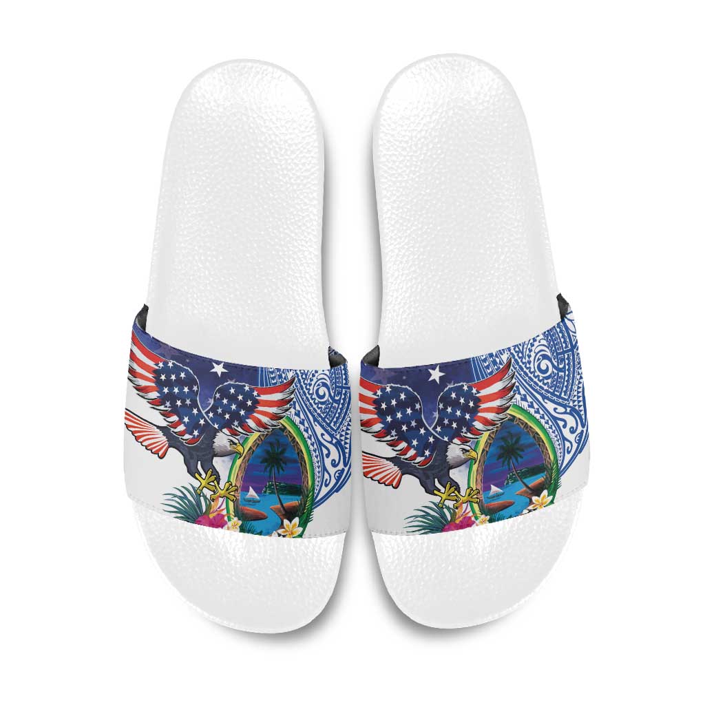 Guam and United States Together Slide Sandals Bald Eagle and Guam Seal with Flower and Tribal Tattoos - Polynesian Pride