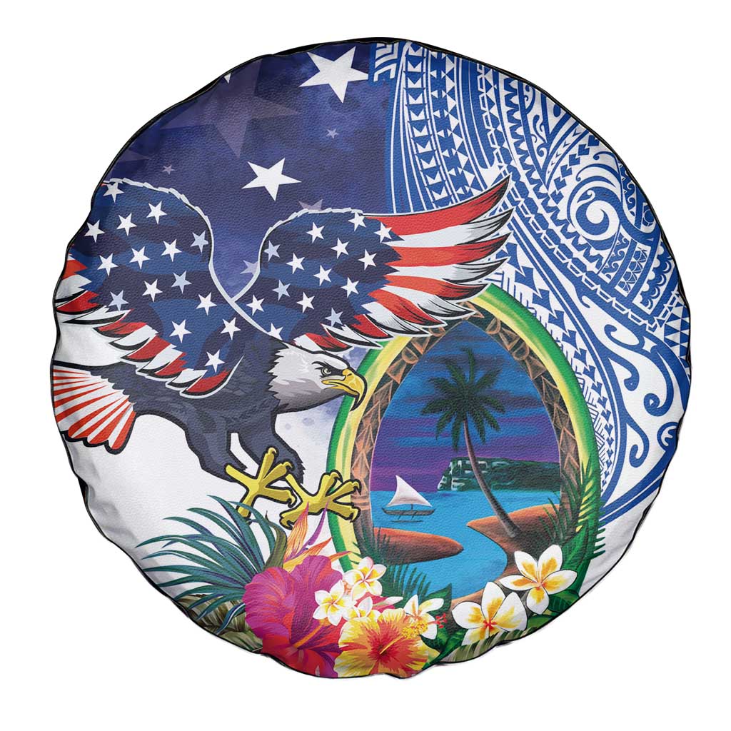 Guam and United States Together Spare Tire Cover Bald Eagle and Guam Seal with Flower and Tribal Tattoos - Polynesian Pride