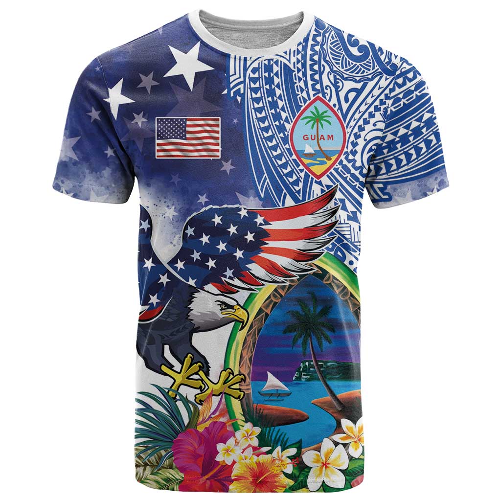 Guam and United States Together T Shirt Bald Eagle and Guam Seal with Flower and Tribal Tattoos - Polynesian Pride