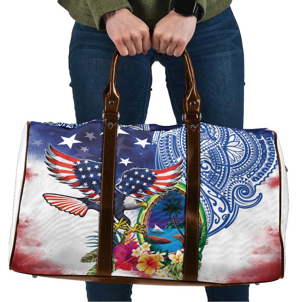 Guam and United States Together Travel Bag Bald Eagle and Guam Seal with Flower and Tribal Tattoos - Polynesian Pride