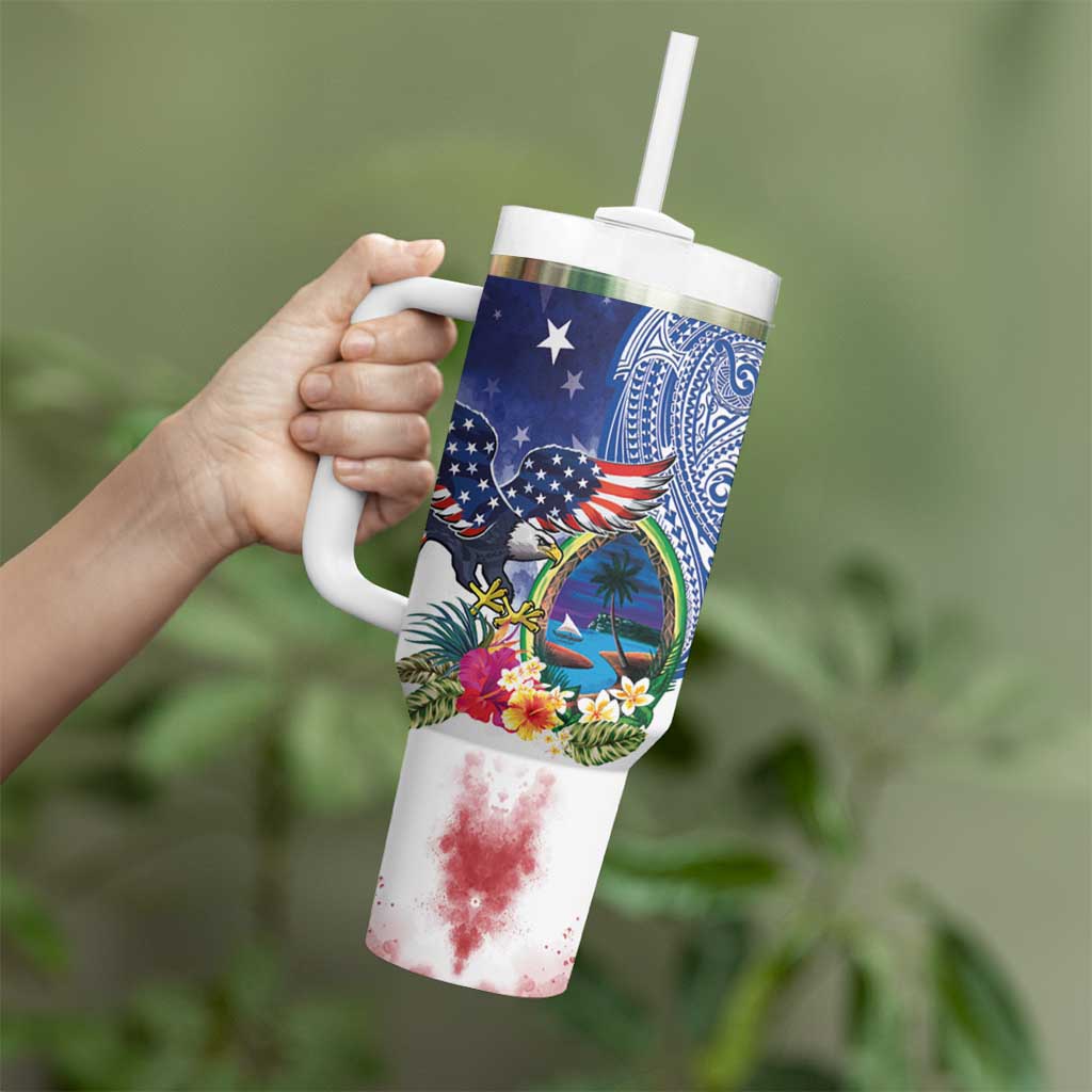 Guam and United States Together Tumbler With Handle Bald Eagle and Guam Seal with Flower and Tribal Tattoos - Polynesian Pride