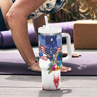 Guam and United States Together Tumbler With Handle Bald Eagle and Guam Seal with Flower and Tribal Tattoos - Polynesian Pride