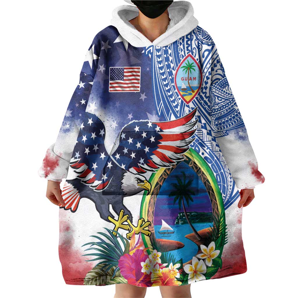 Guam and United States Together Wearable Blanket Hoodie Bald Eagle and Guam Seal with Flower and Tribal Tattoos - Polynesian Pride