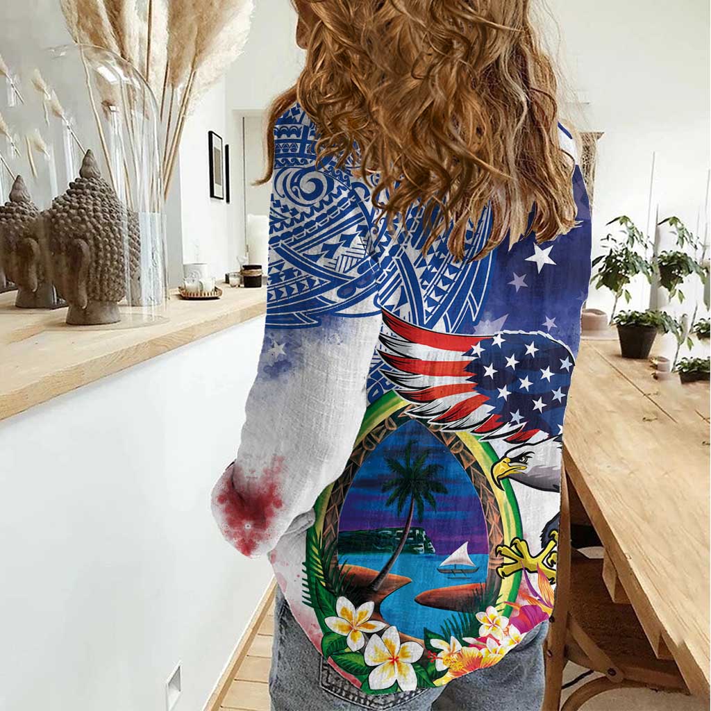 Guam and United States Together Women Casual Shirt Bald Eagle and Guam Seal with Flower and Tribal Tattoos - Polynesian Pride