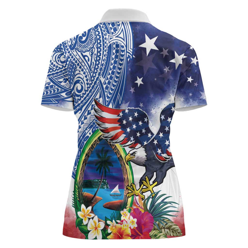 Guam and United States Together Women Polo Shirt Bald Eagle and Guam Seal with Flower and Tribal Tattoos - Polynesian Pride