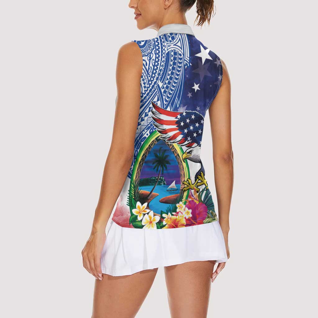 Guam and United States Together Women Sleeveless Polo Shirt Bald Eagle and Guam Seal with Flower and Tribal Tattoos - Polynesian Pride