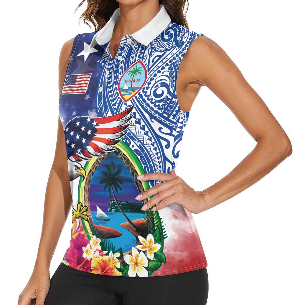 Guam and United States Together Women Sleeveless Polo Shirt Bald Eagle and Guam Seal with Flower and Tribal Tattoos - Polynesian Pride