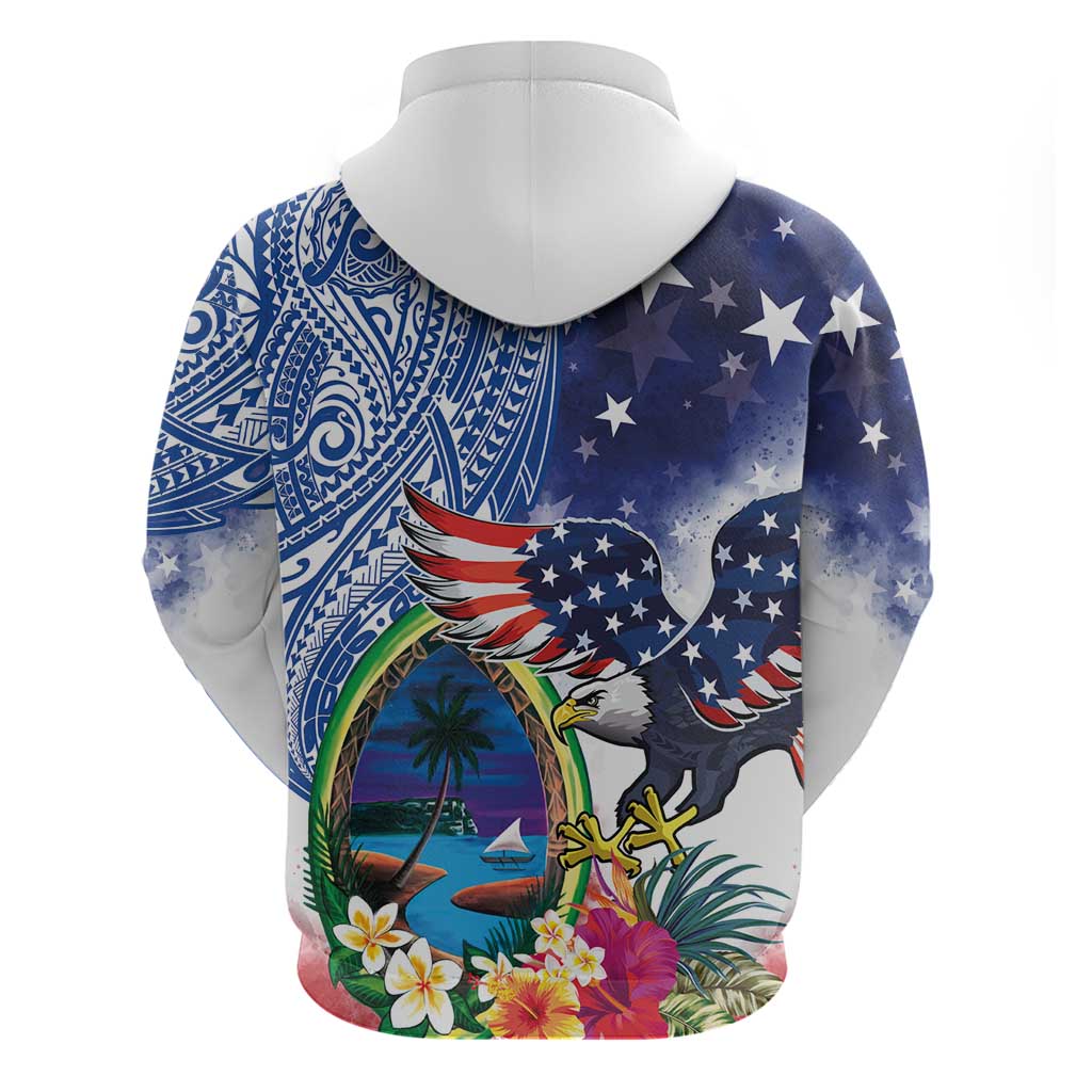 Guam and United States Together Zip Hoodie Bald Eagle and Guam Seal with Flower and Tribal Tattoos - Polynesian Pride