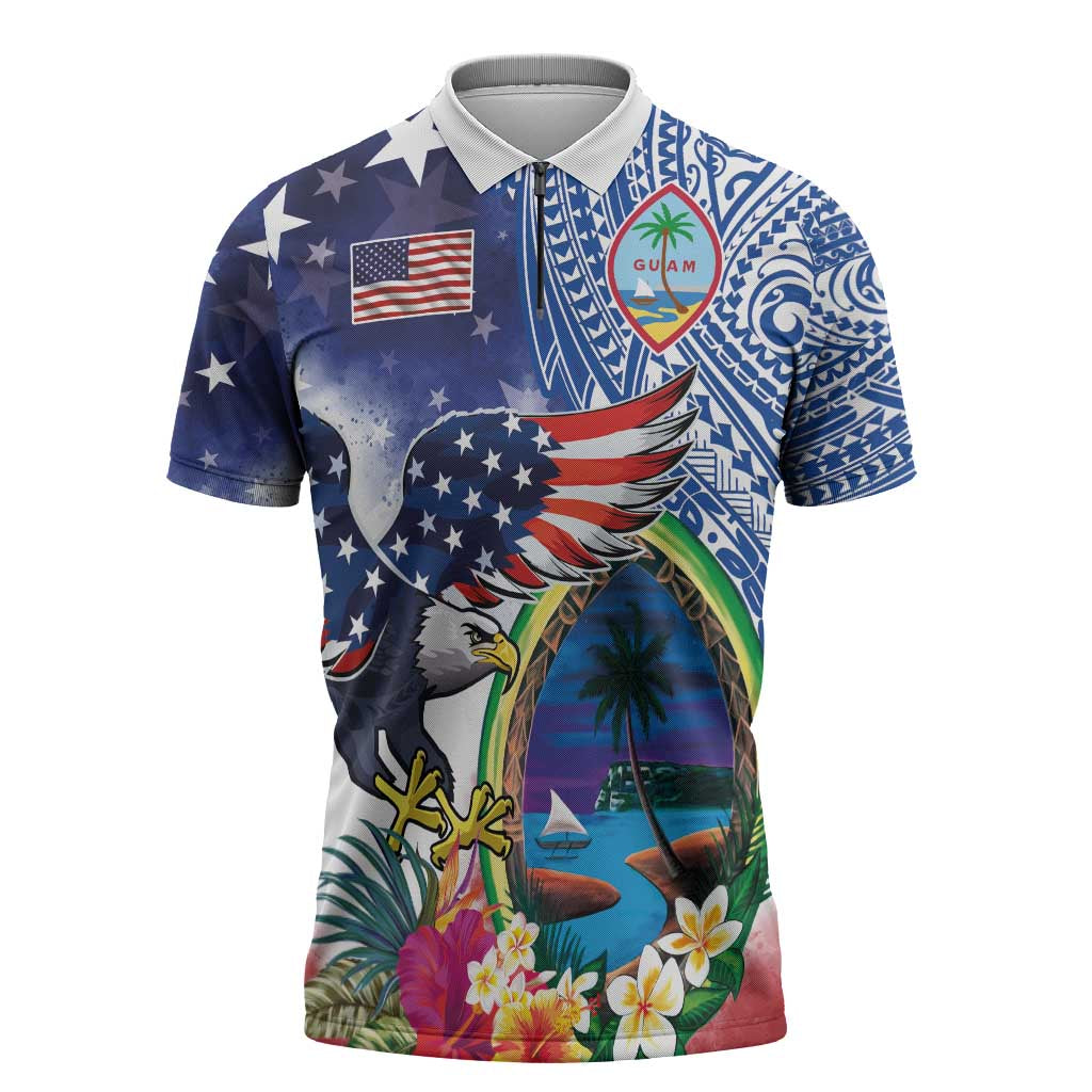Guam and United States Together Zipper Polo Shirt Bald Eagle and Guam Seal with Flower and Tribal Tattoos - undefined