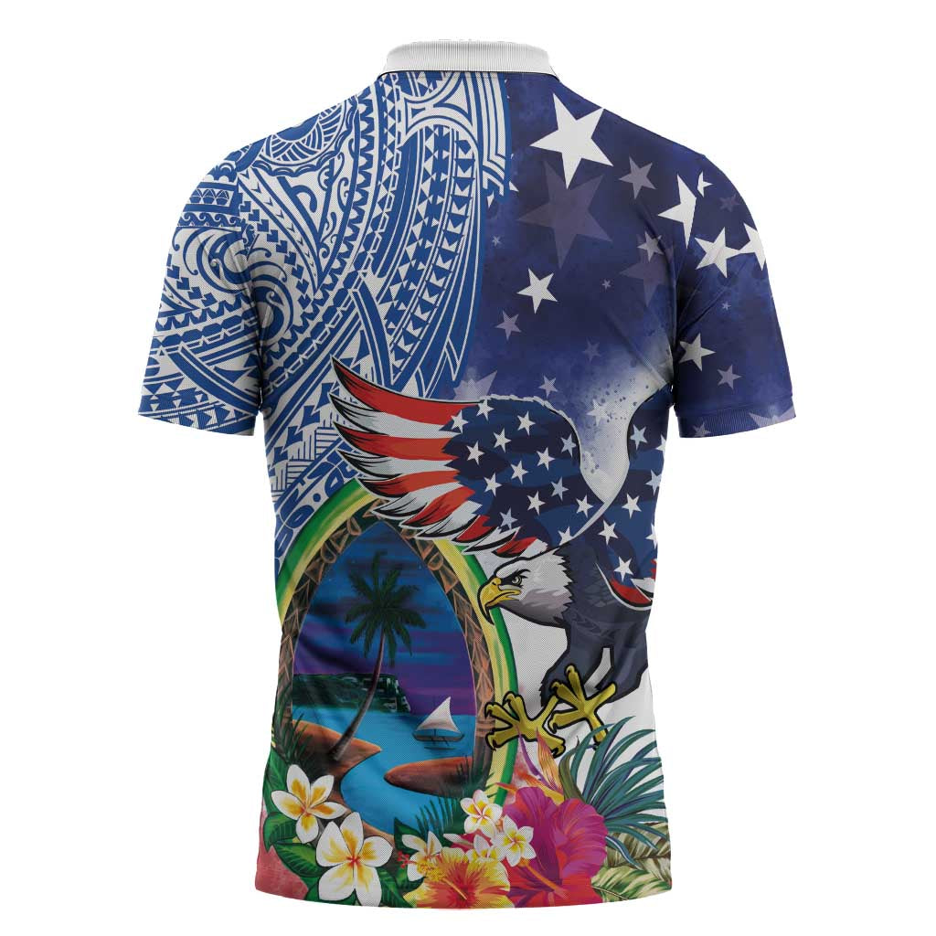 Guam and United States Together Zipper Polo Shirt Bald Eagle and Guam Seal with Flower and Tribal Tattoos - undefined